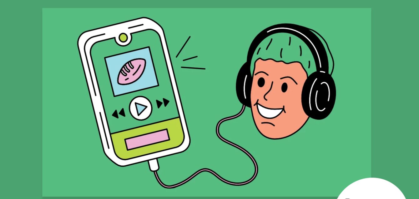 Green background with graphics of a happy person listening to podcasts Green background with graphics of a happy person listening to podcasts